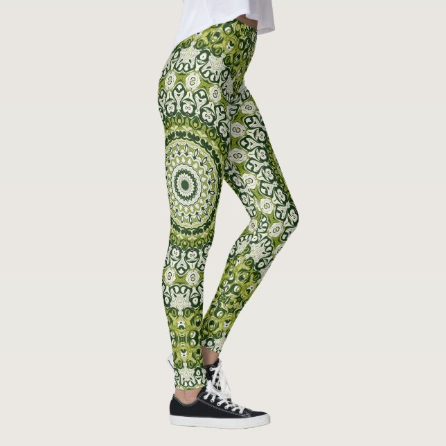 Grönt och White Mandala Mönster Design Leggings (Höger)