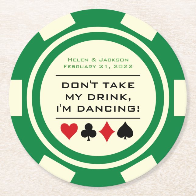 Grönt och White Poker Chip Jag dansar Drink Underlägg Papper Rund (Framsidan)