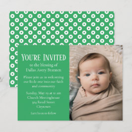 Grönt- och White Polka-dot Photo Baby-välsignelse Inbjudningar