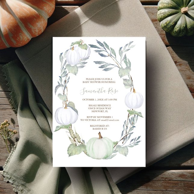 Grönt och WHITE PUMPKIN Greenery BABY Shower Inbjudningar (gender neutral baby shower invitations watercolor fall pumpkin in green and white)
