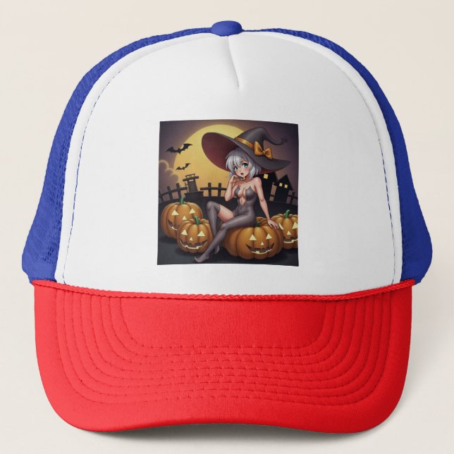 Grönt Öga Halloween Witch på Jack-O-Lantern Keps (Framsida)