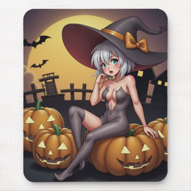 Grönt Öga Halloween Witch på Jack-O-Lantern Musmatta (Framsidan)