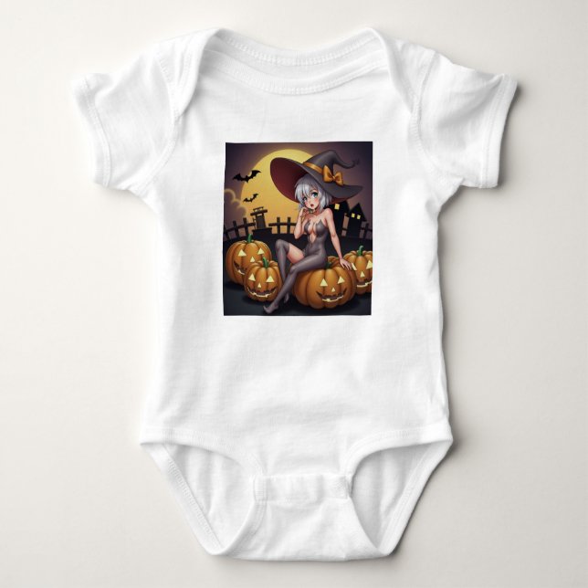 Grönt Öga Halloween Witch på Jack-O-Lantern T Shirt (Framsida)