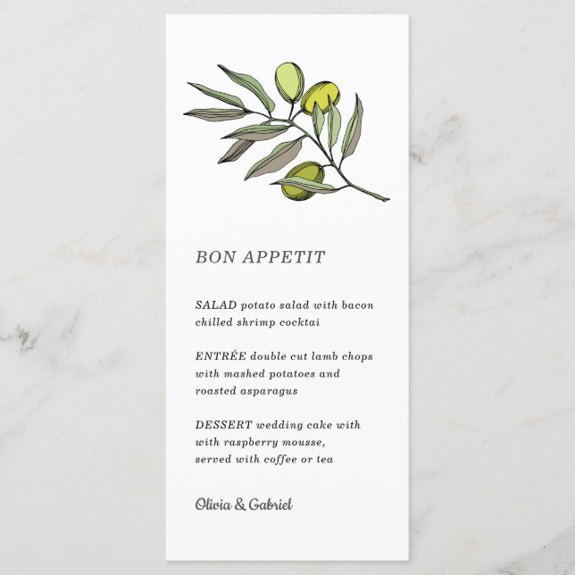Grönt Olive. Enkel modern bröllop Menu Meny (Framsida)