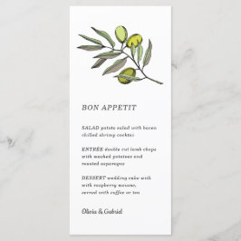 Grönt Olive. Enkel modern bröllop Menu Meny