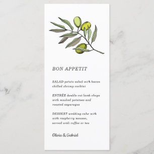 Grönt Olive. Enkel modern bröllop Menu Meny