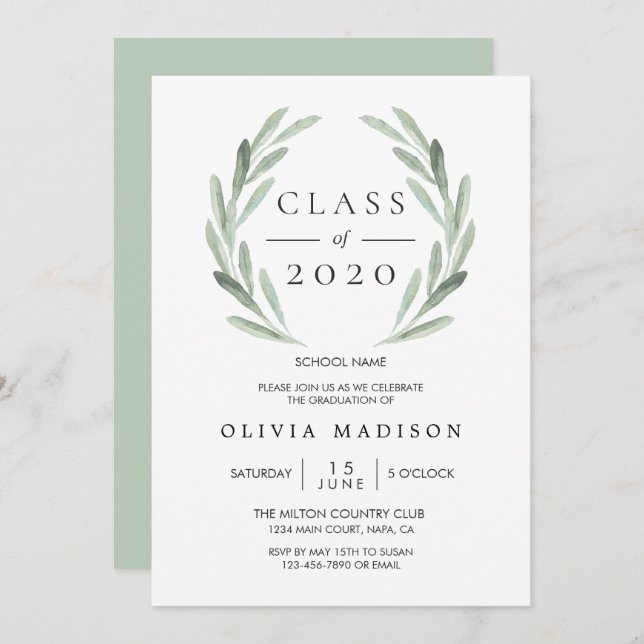 Grönt Olive Gren Studentfest för andning Inbjudningar (Fram/baksida)