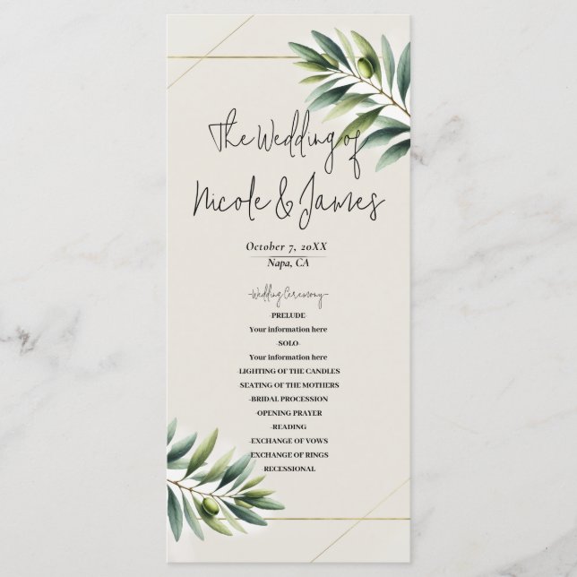 Grönt Olive Löv Bone White & Guld Rustic Programme Program (Framsida)