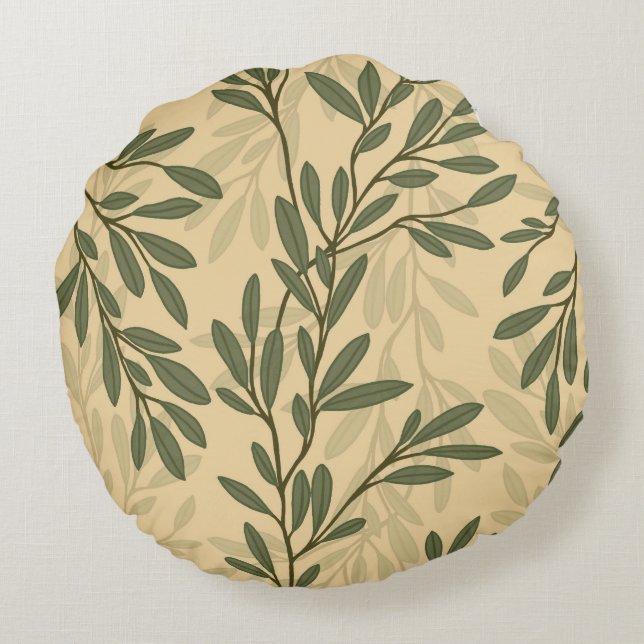 Grönt Olive Träd Gren Medelhavet Mönster Rund Kudde (Baksidan)
