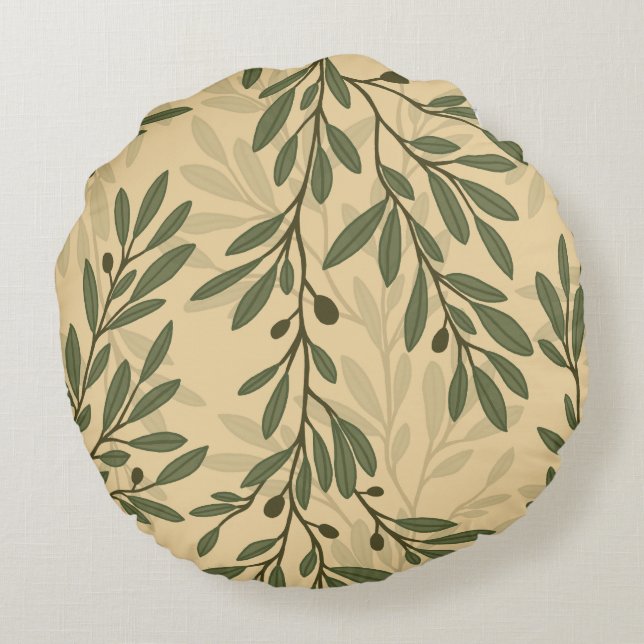 Grönt Olive Träd Gren Medelhavet Mönster Rund Kudde (Baksidan)