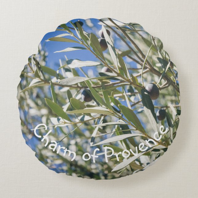 Grönt Olive Träd med svarta frukter Rund Kudde (Framsidan)