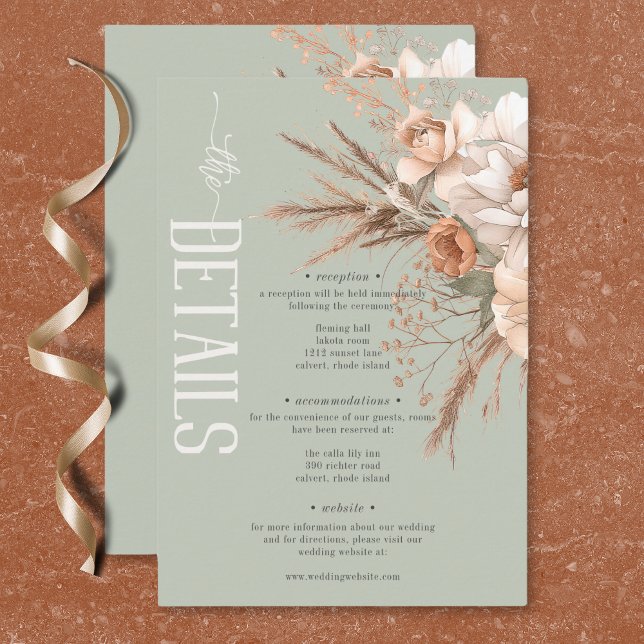 Grönt om Boho Terracotta Peach & Cream Blommigt Tilläggskort (Boho Terracotta Peach & Cream Floral Green Details Enclosure Card)