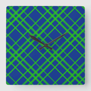 Grönt om Mönster-design med blå Tartan Play Fyrkantig Klocka