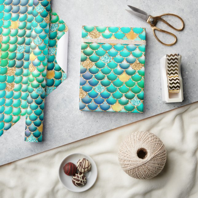 Grönt Ombre Foil & Guld Glitter Sjöjungfru Scales Presentpapper (Hantverk)