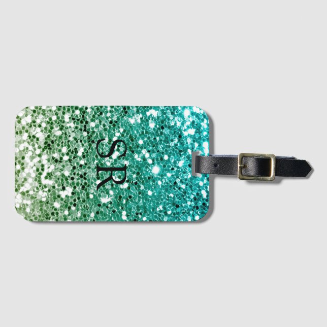 Grönt Ombre Glitter Effekt Monogram Initialer Bagagebricka (Framsida horisontal)