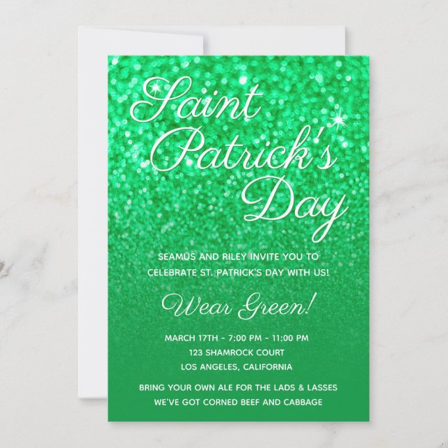 Grönt Ombre Glitter St. Patrick's Day Party Inbjudningar (Framsida)