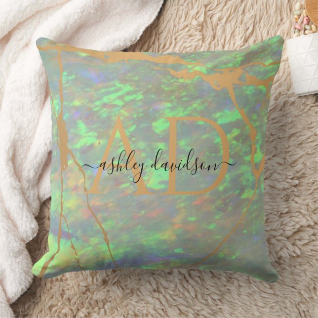 Grönt Opal Stone Monogram Pillow Kudde (Filt)
