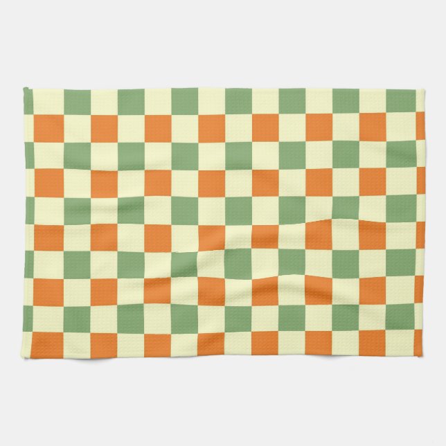 Grönt Orange Brown Checkated Gingham Mönster Kökshandduk (Horisontell)