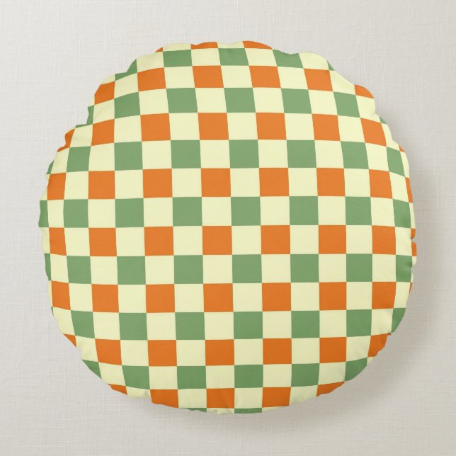 Grönt Orange Brown Checkated Gingham Mönster Rund Kudde (Framsidan)