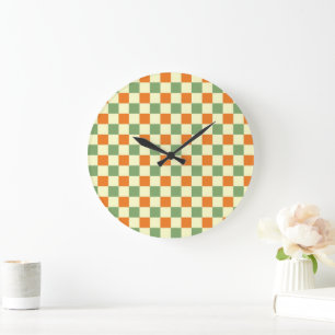 Grönt Orange Brown Checkated Gingham Mönster Stor Klocka