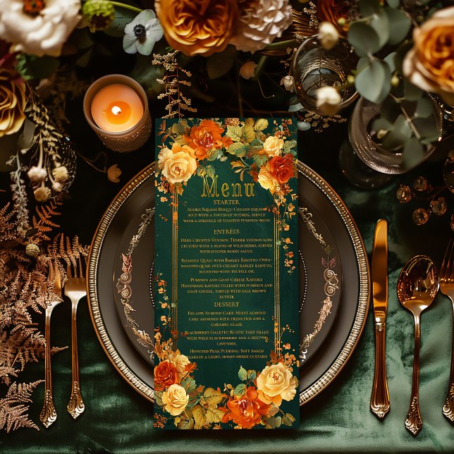 Grönt & Orange Druid Inspired Bröllop Meny (elegant wedding menu design, Celtic-inspired wedding stationery, autumn wedding menu, nature-themed )