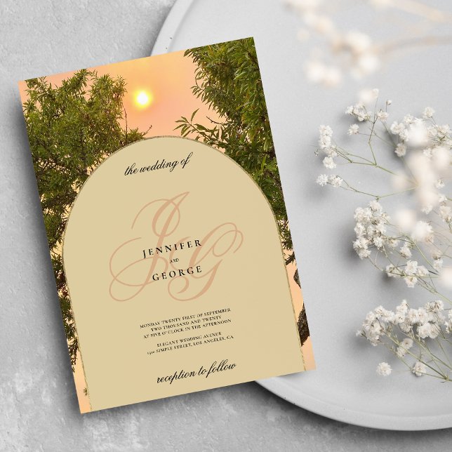 Grönt orange elfenben sunset monogram initial bröl inbjudningar (Green orange ivory sunset monogram initials wedding )