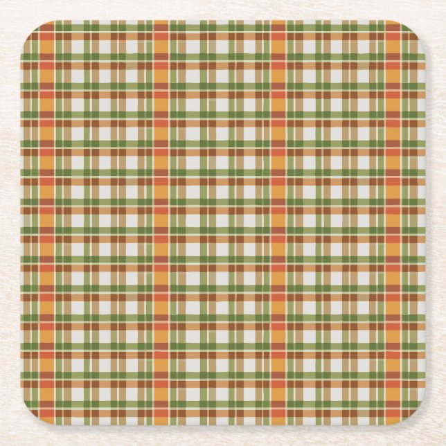 Grönt Orange Gingham Underlägg Papper Kvadrat (Framsidan)