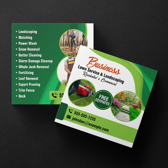 Grönt & Orange Lawncare Landscaping & Gräsmatta Se Fyrkantigt Visitkort (Skapare uppladdad)