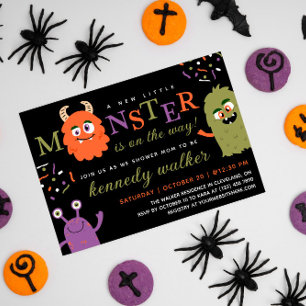 Grönt Orange Little Monster Halloween Baby Shower Inbjudningar