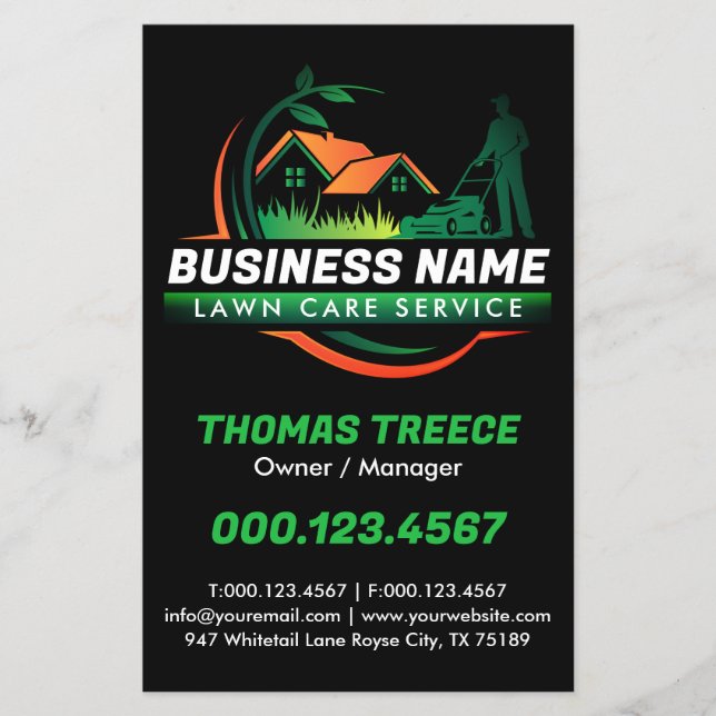 Grönt Orange Modern Gräsmatta Care Landscaping Ser Flygblad (Framsidan)