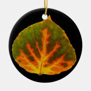 Grönt Orange och Gult Aspen Löv #1 Julgransprydnad Keramik