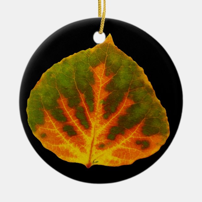 Grönt Orange och Gult Aspen Löv #1 Julgransprydnad Keramik (Framsidan)