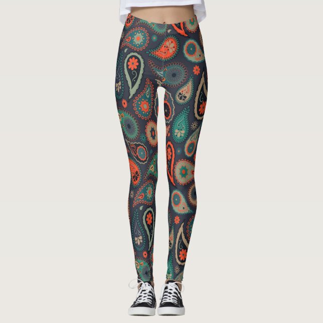 grönt orange paisley mönster på mörk blått leggings (Framsida)