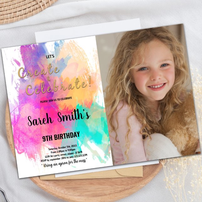 Grönt Orange Rosa Paint Birthday-inbjudan Inbjudningar (Green orange pink Paint Birthday Invitations Photo)