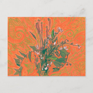 Grönt & Orange Sommarblommor Blommigt Painting Vykort