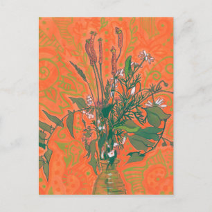 Grönt & Orange Sommarblommor Blommigt Painting Vykort