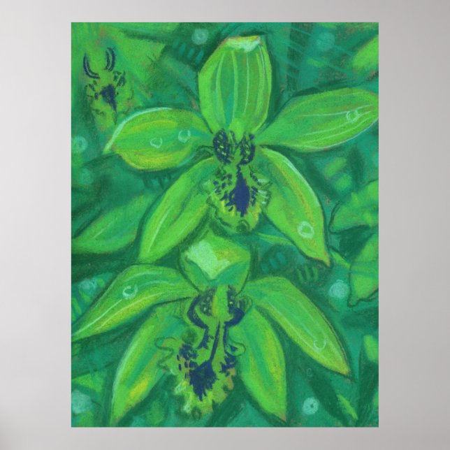 Grönt Orchid, Tropik Flower Blommigt Pastellfärgni Poster (Framsidan)