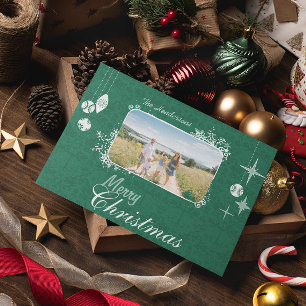 Grönt Ornaments Retro-julfamiljfoto Helg Vykort