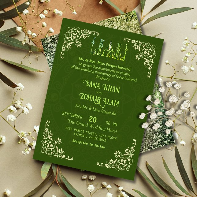 Grönt Ornate Nikah Islamiska bröllopsinbjudan Inbjudningar (Skapare uppladdad)