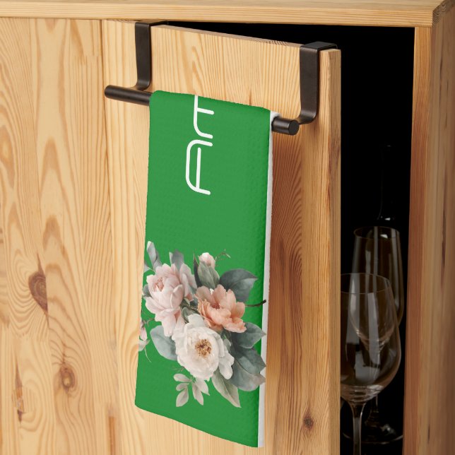 Grönt överst med vit Rand-Blommigt Kökshandduk (Thirds Fold)