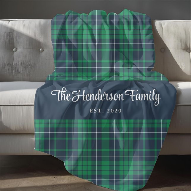 Grönt P Anpassningsbar Family Namn Fleece Blanket (Green Plaid Custom Family Name Fleece Blanket)