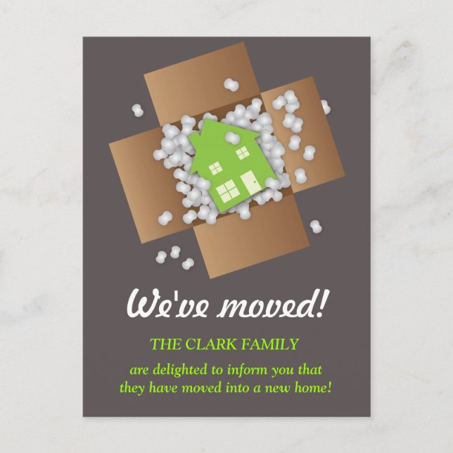 Grönt Packing Popcorn Flytta Announement Postcard Meddelande Vykort (Framsida)