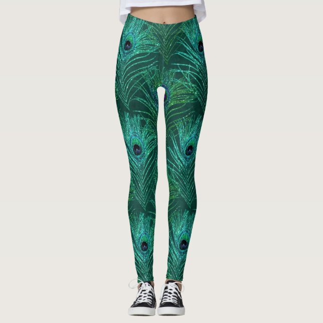 Grönt påfågelsfjädermönster från fågel påfågel leggings (Framsida)