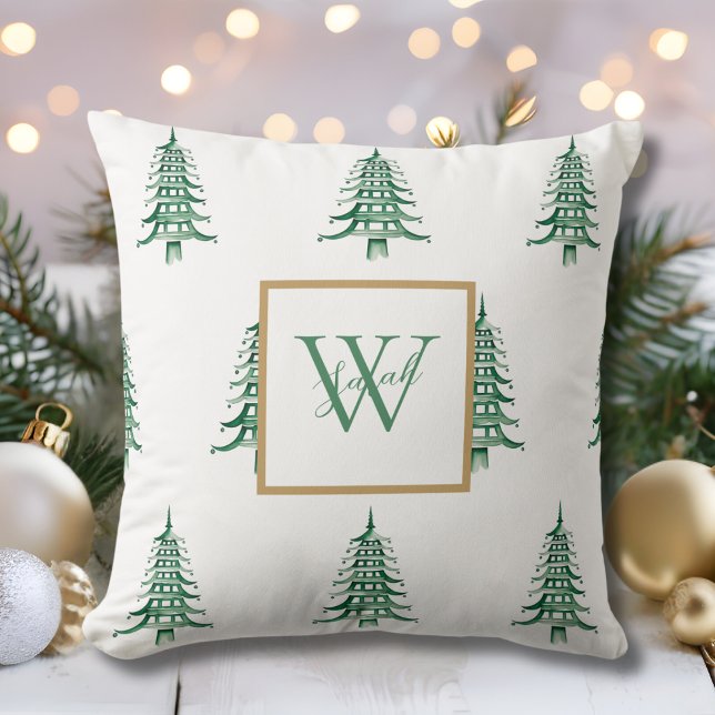 Grönt Pagoda Julgran Monogrammed Mönster Kudde (Green Pagoda Christmas Tree Monogrammed Pattern Throw Pillow)