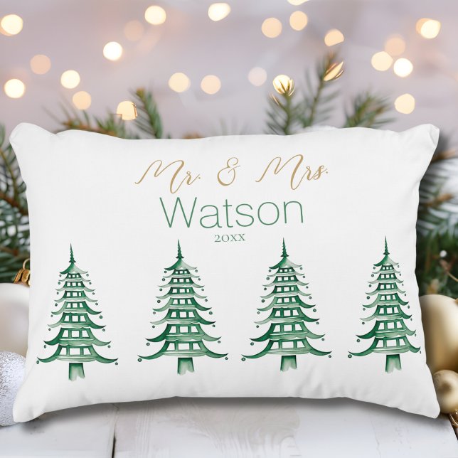 Grönt Pagoda Julgran Mr. och Mrs. Prydnadskudde (Green Pagoda Christmas Tree Mr. and Mrs. Accent Pillow)