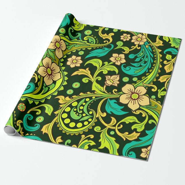 Grönt Paisley Mönster Presentpapper (Utrullad)