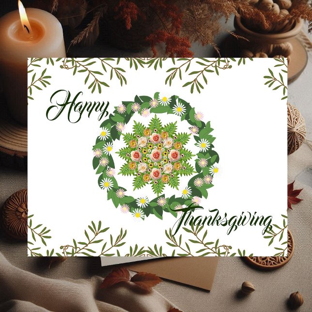 Grönt Pälsutandning Flora Löv Happy thanksgiving Helg Vykort (Green Fall Wreath Flora Leaves Happy Thanksgiving Holiday Postcard)