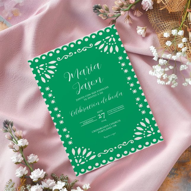 Grönt Papel Picado Traditionellt Spanskt Bröllop Inbjudningar (Green Papel Picado Traditional Spanish Wedding Invitation)