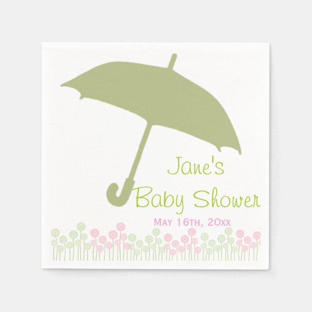 Grönt Paraplla Baby Shower Napkins Pappersservett (Framsidan)