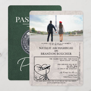 Grönt Paris Passport Bröllop Inbjudningar